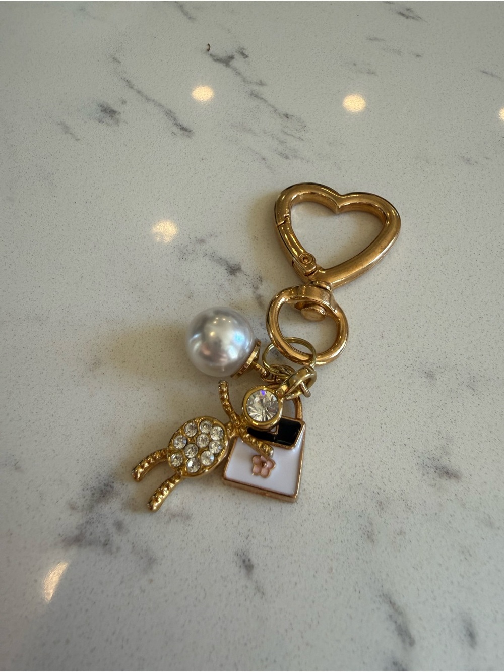 Gold Heart Keychain Charm with Pearl & Crystal Accents